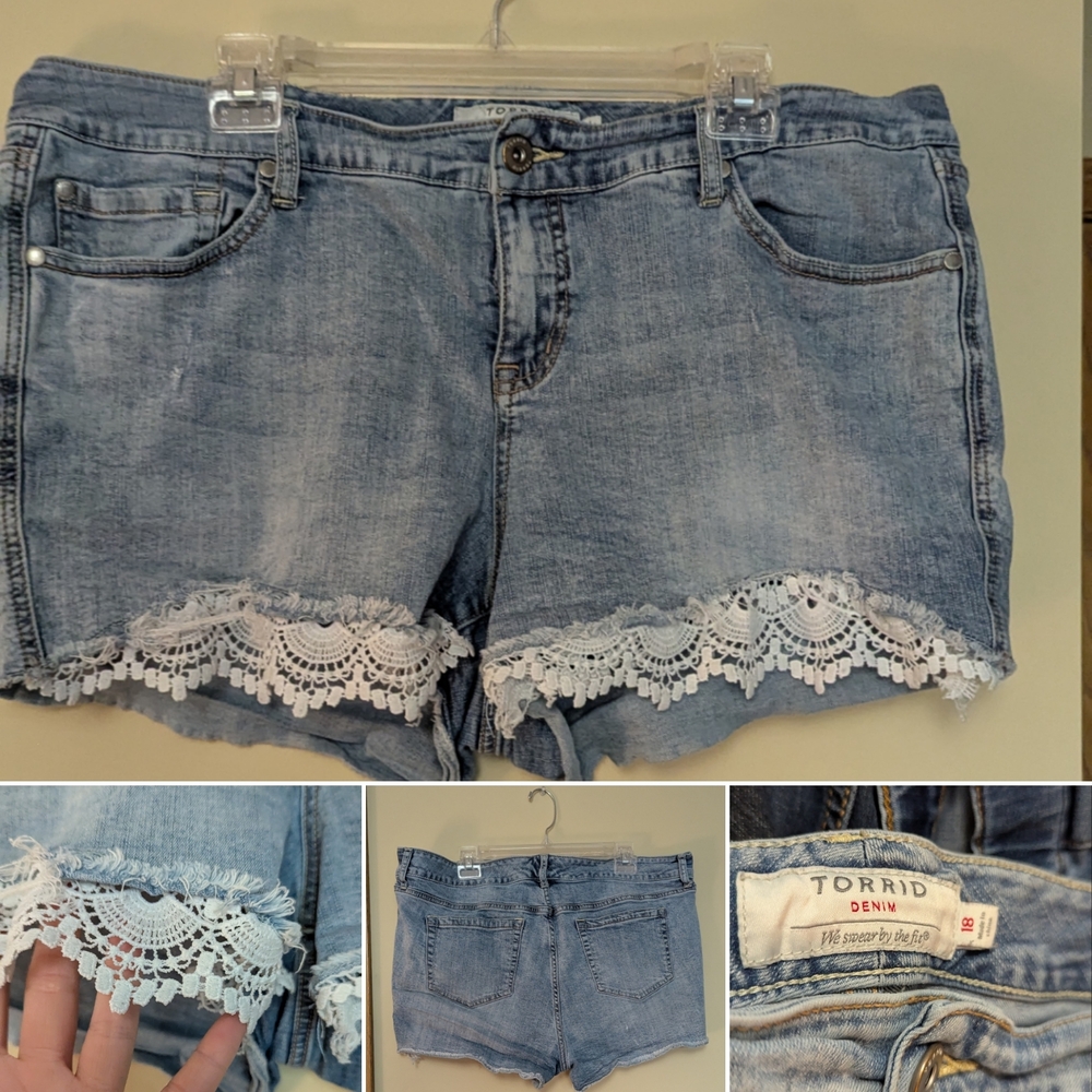 Torrid Blue and White Jean Shorts with Lace Trim